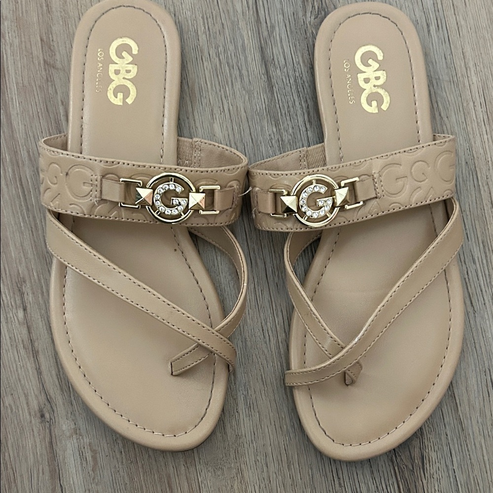 G by Guess Beige Sandals with Gold Accents